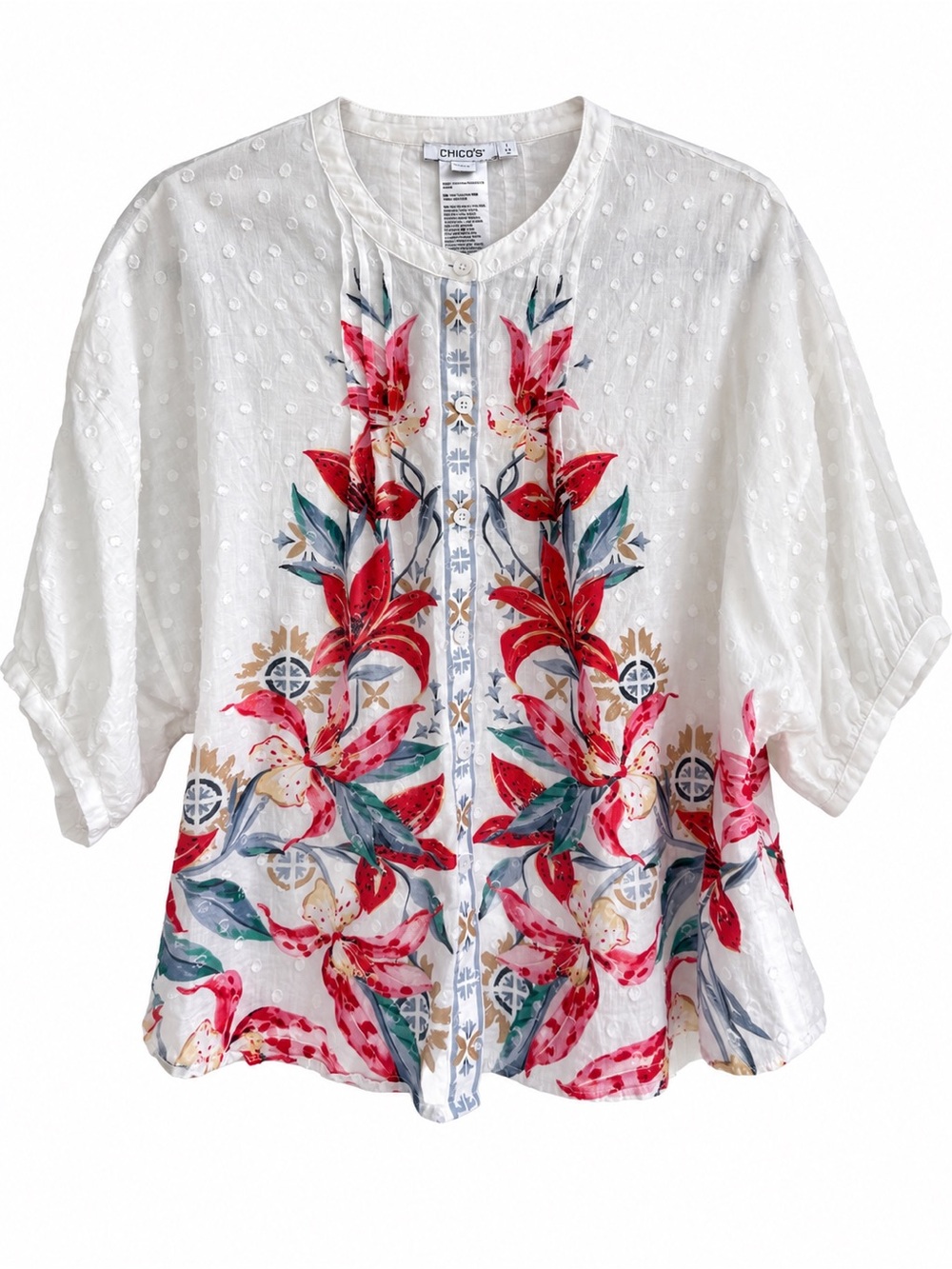 Chico’s Size 8 White Floral Cotton Swiss Dot Button Front Blouse Tunic Top